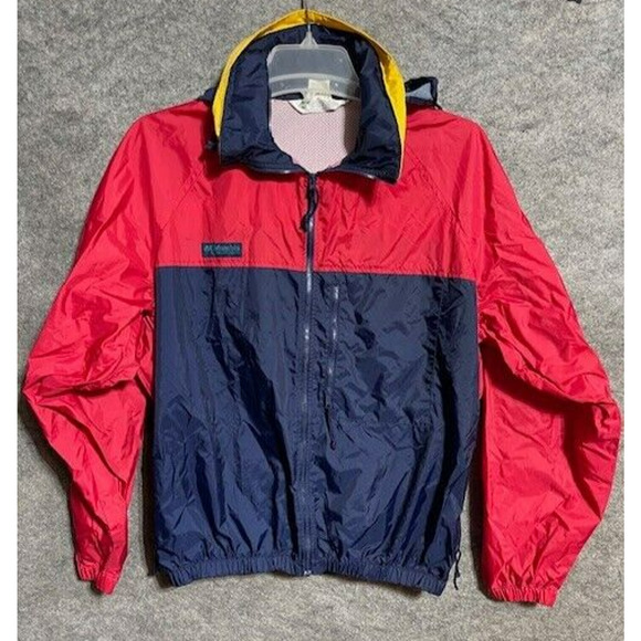 Columbia Jacket Mens M Windbreaker Hoodie Lightweight Lined Full Zip Red Blue - Picture 1 of 8